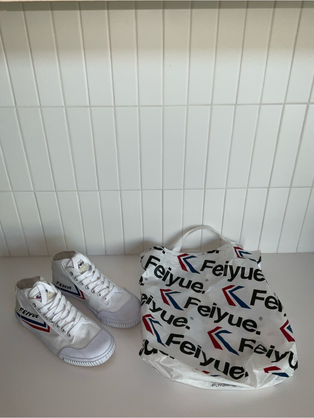 Feiyue White High-Top Sneakers with Red & Blue Chevron